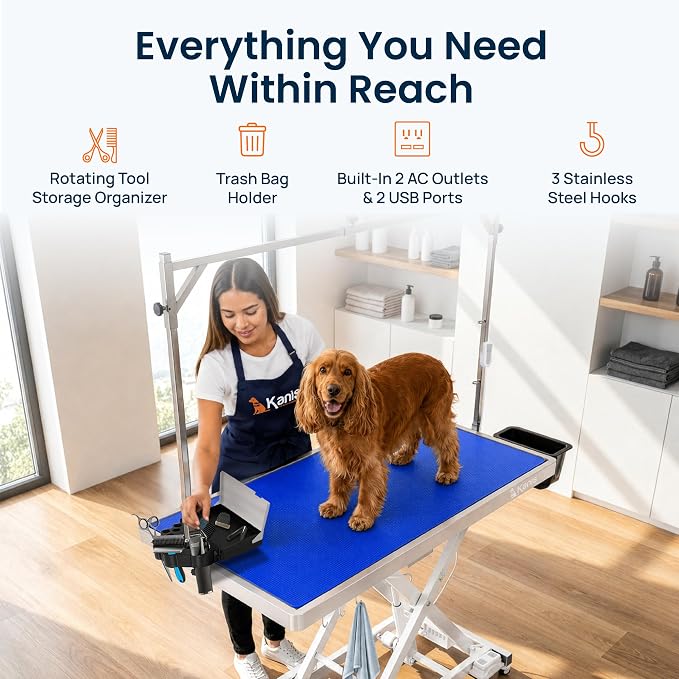 Professional Electric Dog Grooming Table - Heavy Duty | Height Adjustable Pet Grooming Table w/Leveling Wheels, Dog Grooming Arm, Anti-Slip Tabletop & Tool Organizer (White, 49")