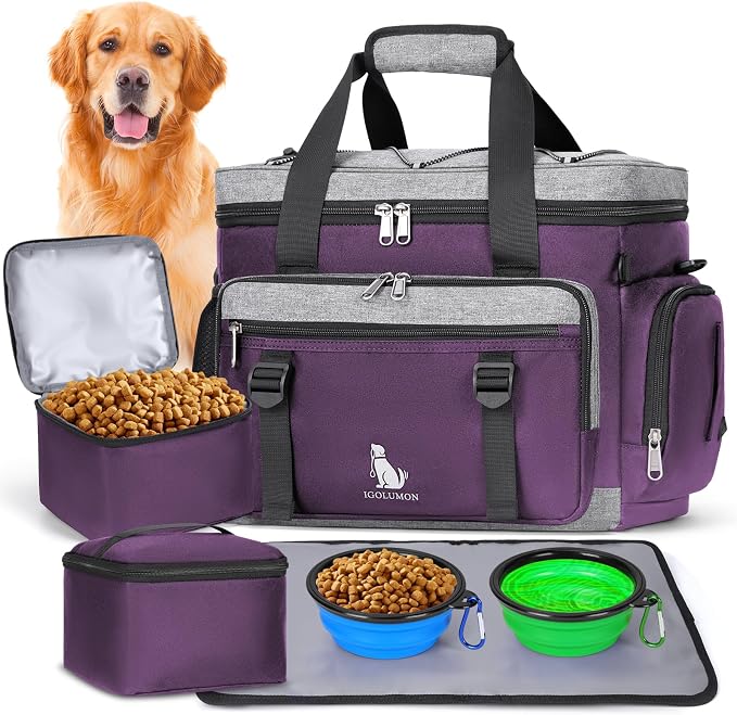 IGOLUMON Dog Travel Bag Large Waterproof Pet Travel Bags Set for Supplies | Weekend Travel Kit Tote Organizer Multi-Pocket Food Travel Bag with 2 Extra Large Food Containers, 2 Dog Bowls, 1 Feeding Mat