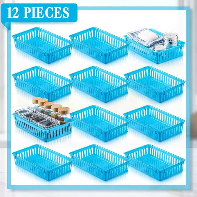 Wenqik Set of 12 Small Plastic Baskets for Organizing, Blue