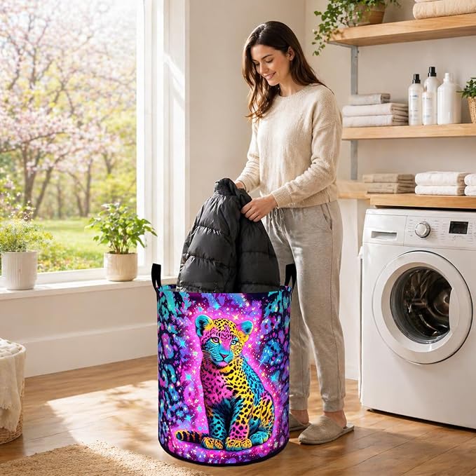Neon Leopard Laundry Basket, Vibrant Colorful Wild Cat Oxford Cloth Dirty Clothes Collapsible Hamper for Room Decor, Jungle Gifts, Toy Organizer 19.7 x 15.7 Inches for Bedroom Bathroom Dorm