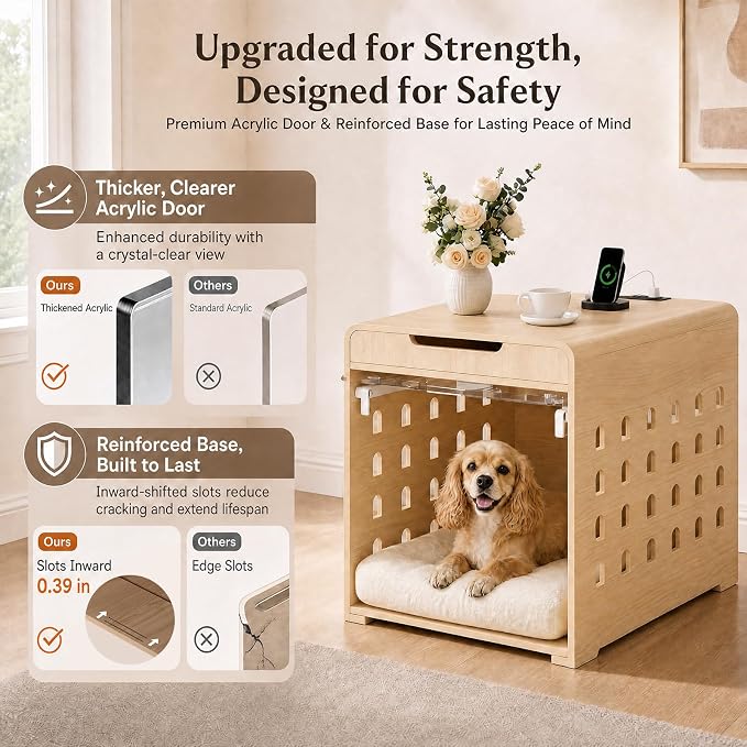 Modern Dog Crate Furniture Wooden Kennel with Charging Station End Table | Nightstand, Dog Cage, with Flip-Up Acrylic Door, Storage Drawer, for Medium Small Dogs, up to 50 lb, Living Room Bedroom, Oak