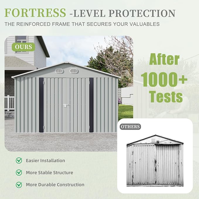 10x12 FT Metal Storage Shed, Large Storage Shed with Lockable Doors and Sloped Roof, Outdoor Tool Shed with Ample Ventilation for Garden, Lawn, Backyard, White