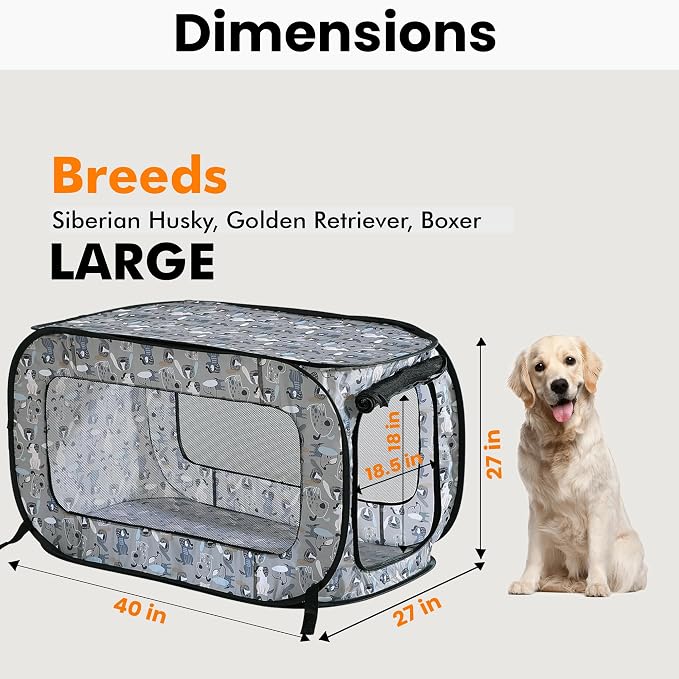 Portable Collapsible Pop Up Kennel, 40" L x 27" W x 27" H, Tail Waggers | Collapsible indoor/outdoor travel cat and dog crate with mesh screen windows pops up and folds flat for easy storage