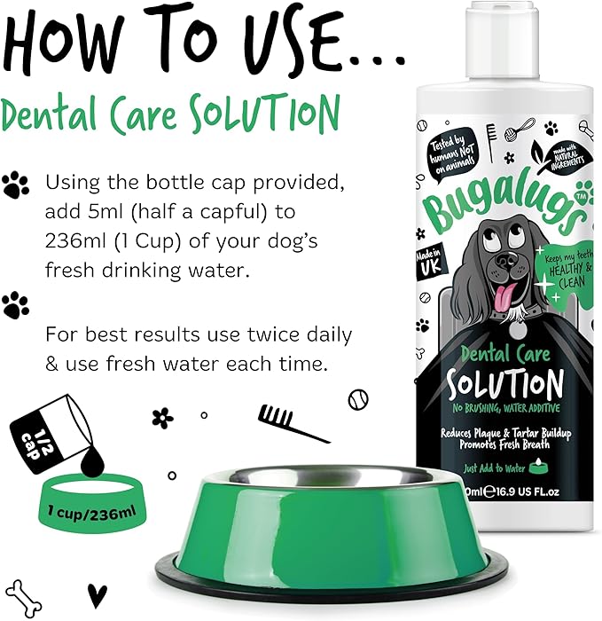 BUGALUGS Dog Breath Freshener Dental Care Water Additive. Clean Teeth, Healthy Gums & Fresh Breath - Natural Dog Plaque Remover & Tartar Remover for Teeth. No Brushing Needed (16.9 Oz Water Additive)