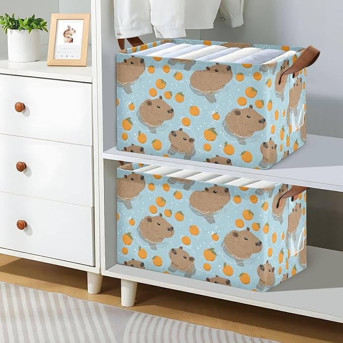 Orange and Swimming Capybara Storage Basket Foldable Cube Storage Bins with Handles&Label Waterproof Collapsible Organizer Box Bin Large Rectangle Decorative Baskets for Shelves Home Room Laundry