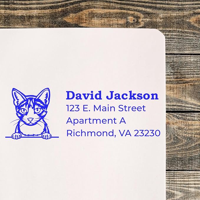 Peeking Aegean Cat Wood Handle Address Stamp - Personalized Rubber Stamp | Return Address Stamp for Veterinary Clinics. Return Address Stamp for Aegean Cat Lovers. Up to 50 characters per line.