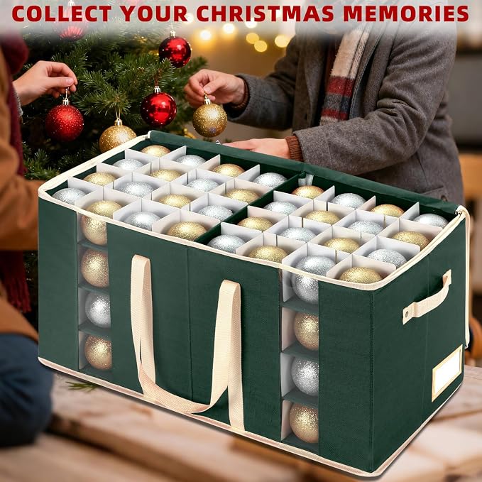 Christmas Ornament Storage Box with Adjustable Dividers and Side Pockets, Large Ornaments Storage Container Bin with Zippered Top for Xmas Decorations (128-3" Balls, Green, Without Tray)