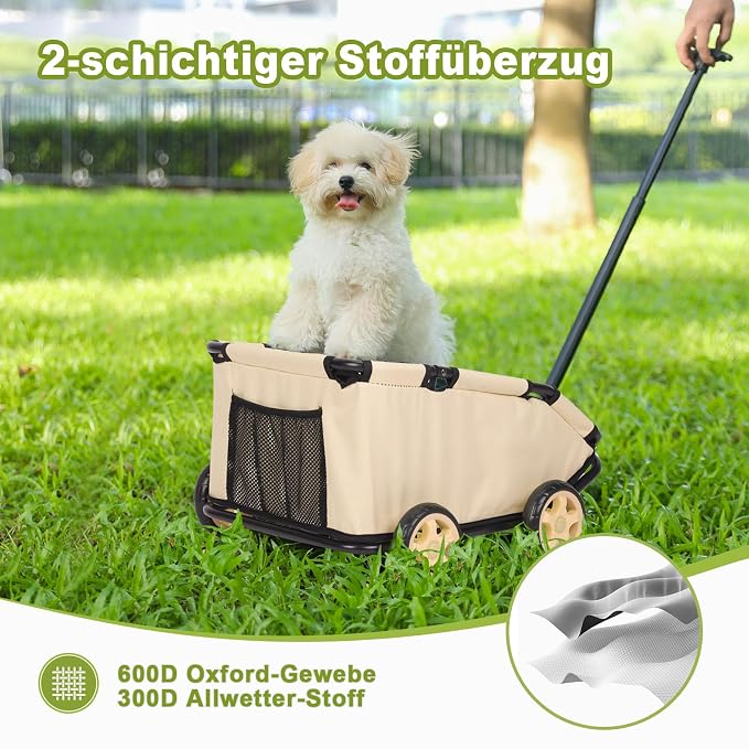 Mini Dog Strollers for Mini Pets, Foldable Multifunctional Shopping Carts with Extendable Pull Handle, Doggie Wagon Built-in Cushion and Safety Rope with Storage Bag (Khaki)