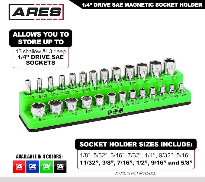 ARES 60005 26-Pc 1/4-In Red/Green SAE Magnetic Socket Organizer | Multi-Size Inch Drive Bit Set