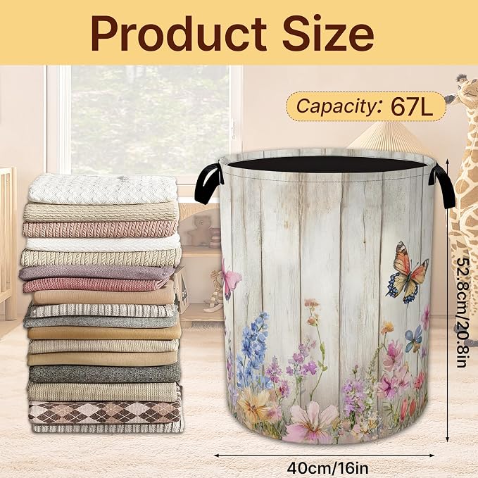 Collapsible Laundry Basket,Rustic Floral Waterproof Oxford Cloth Hamper with Handles,Butterfly Garden 16 x 20.8 Inch Portable Storage Organizer for Laundry Room Bedroom