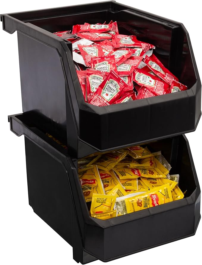 Medium-Tall Stackable Plastic Storage Bins, 4-Pack, Black | Open-Front Stackable Bins For Garage, Pantry, Closet & Office, 7"L X 11"W X 8"H, Nests When Empty, Durable Plastic