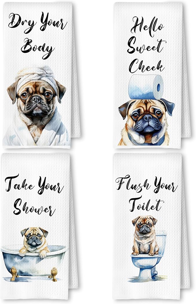 Funny Pug Dog Hand Towels for Bathroom Washroom, Gifts for Pug Lovers Women Men, Dog Bathroom Decor, 16x24 Inch Set of 4
