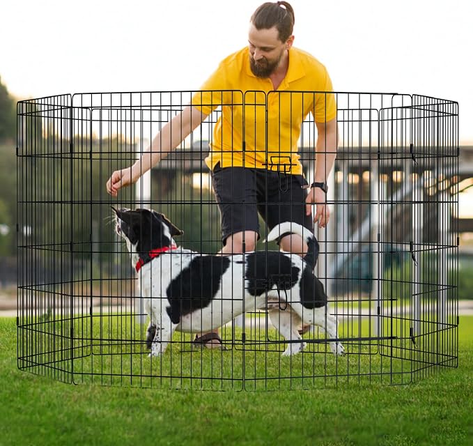 Artmalle Dog Playpen 36 Inch, 8-Panel Rustproof Foldable Fence with Door | Rustproof 8-panel metal playpen with door folds flat, sets up tool-free, and forms multiple shapes for indoor or outdoor use.