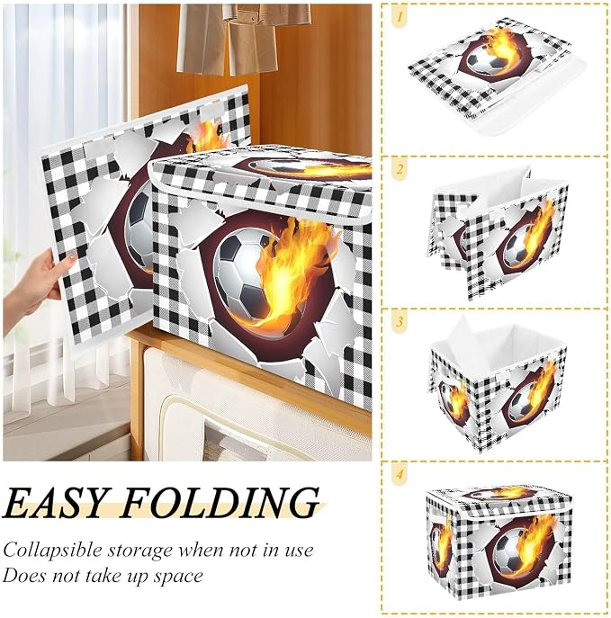 Football Fire Fabric Storage Bins with Lid Closet Bedroom 40L Fabric Bin | Decorative Storage Boxes, Foldable & Stackable, Dust-Proof Flip Top, Reinforced Handles, For Home & Dorm, Clothes & Toy Box
