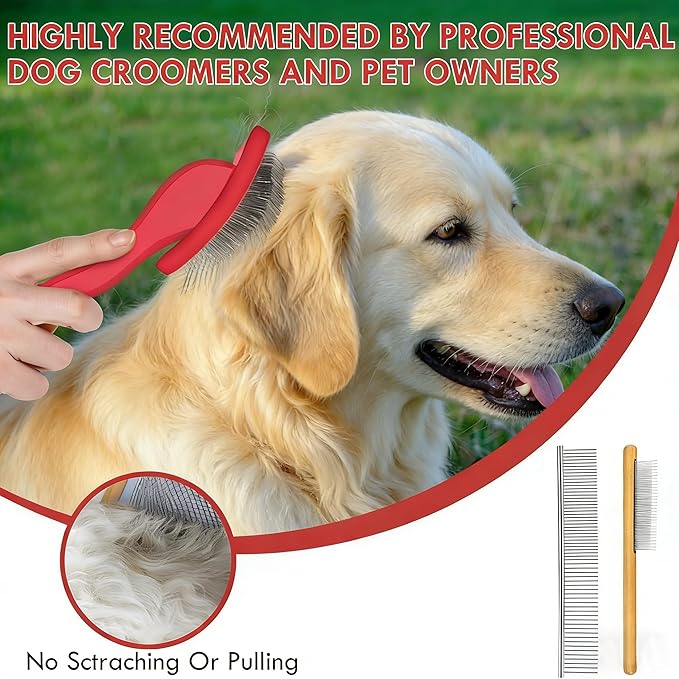Slicker Brush for Dogs, Large Long Pin Dog Grooming Brush for Doodles Goldendoodles Poodles Labradoodle Bernedoodles, 3 Pcs Wooden Handle for Mats Tangles - Red