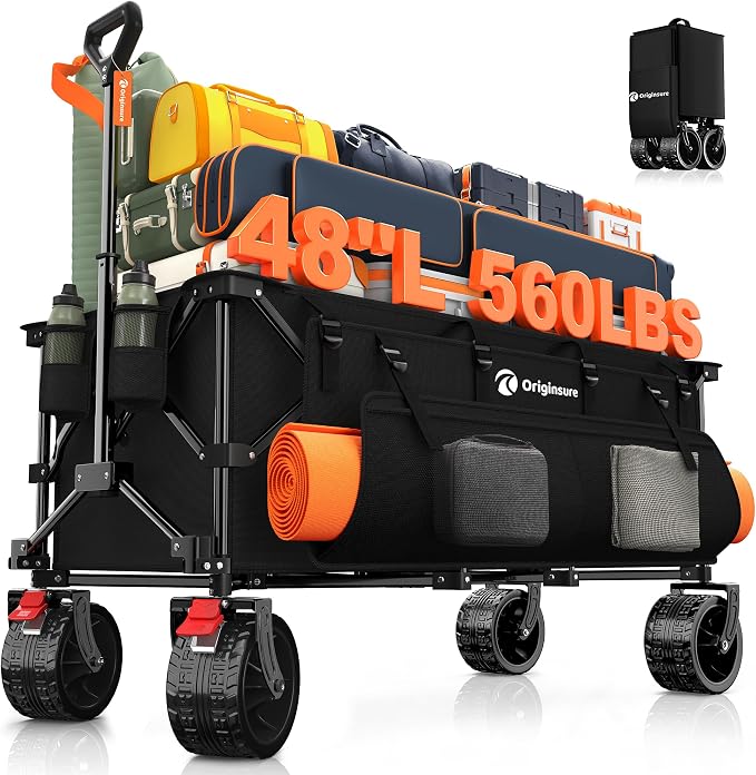 Originsure 300L Beach Wagons Carts Foldable with Big Wheels, 560lbs, Black | 48" Folding Utility Wagon,7" All-Terrain Wheels,Heavy Duty Frame,Compact&Space-Saving,for Camping,Sports,Grocery,Garden
