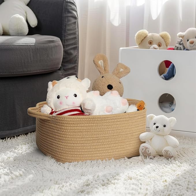 MEGASKET Brown Woven Basket, 13.5” x 10” x 6” Brown Empty Gift Basket to Fill, Decorative Cotton Rope Storage Bin for Organizing, Cute Baby Nursery Organizer, Rectangle Dog Toy Bin, Room Decor