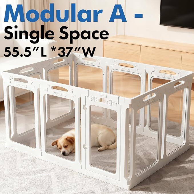 Clear Acrylic Indoor Dog Playpen, 30" H, 10 Panels, White | Open View, Modern Home, No Climbing Bars, Tool-Free Setup, For Puppies & Small Dogs