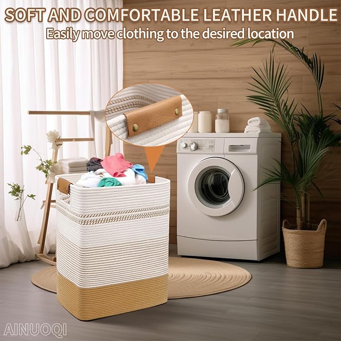 Large Laundry Hamper Basket, 85L Cotton Rope Woven Storage Bin for Blankets, Dirty Clothes Toys, Decorative Tall Basket with Leather Handles for Living Room, Bedroom, Bathroom, Nursery, Jute