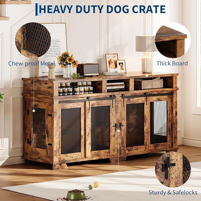71" Dog Crate Furniture for 2 Dogs, Heavy Duty Indoor Dog Kennel TV Stand, End Table Dog Crate, XL Wooden Dog Cage with Divider for Medium Large Dogs