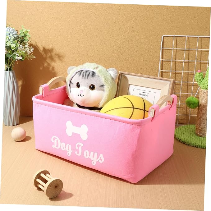 Ipetboom Large Pink Felt Dog Storage Box with Handle Spacious Pet Organizer for Treats Collars Blankets and Accessories Compact and Portable Basket for Home Use