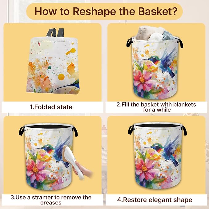 Hummingbird Laundry Basket Collapsible with Handles,Watercolor Flower Waterproof Oxford Cloth Hamper,16 x 20.8 Inch Storage Organizer for Bathroom Bedroom Dorm