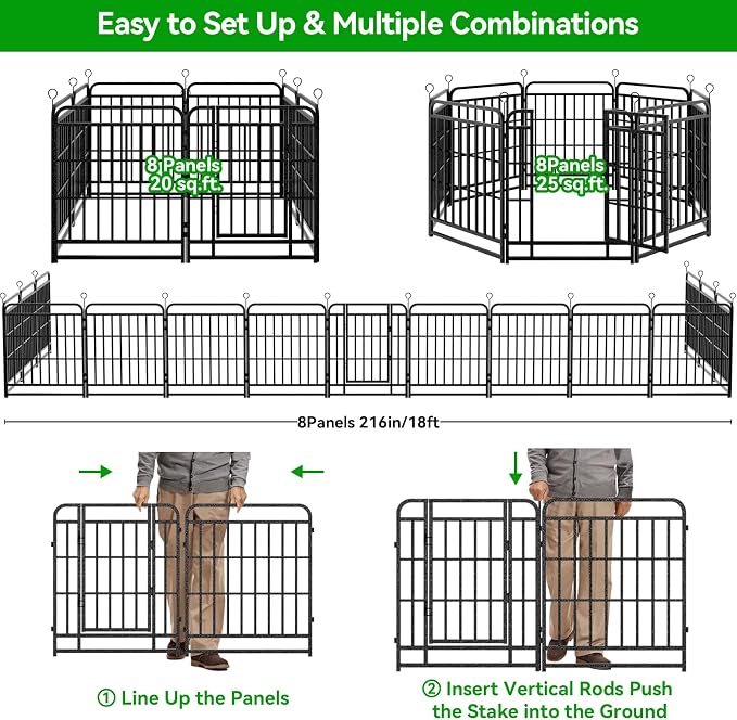 Kfvigoho Heavy Duty Dog Fence Outdoor 8 Steel Panels 32" Height | Square Steel Pipe with Reinforced Crossbars, 18FT 25 Sq.ft Portable Dog Fence Outdoor for Yard & RV Camping, Snowy Black