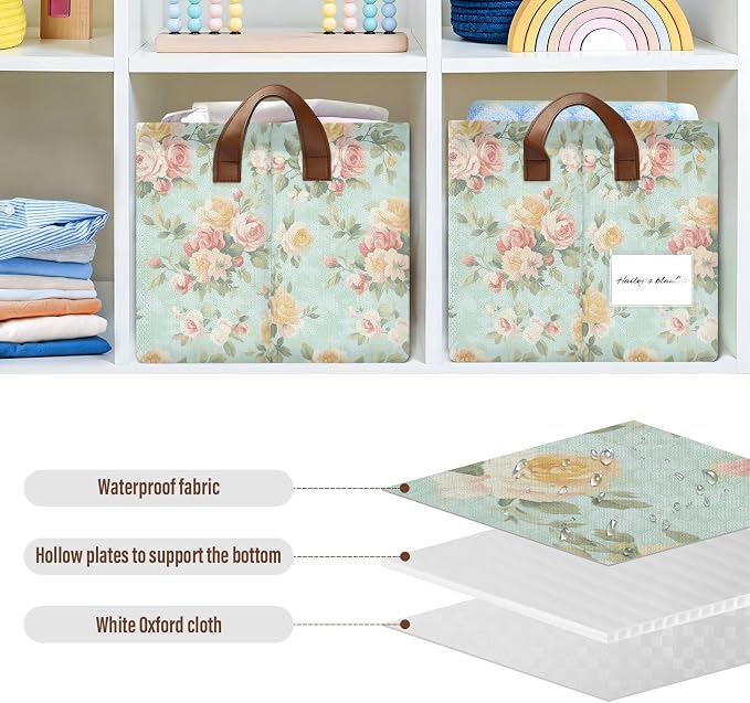 French Country Style Roses and FlowersStorage Bins for Shelves with Labels&Handles Fabric Organizer Bin Foldable Rectangle Storage Basket Boxes for Closet, Bathroom, Home, Living Room, 2 Pack