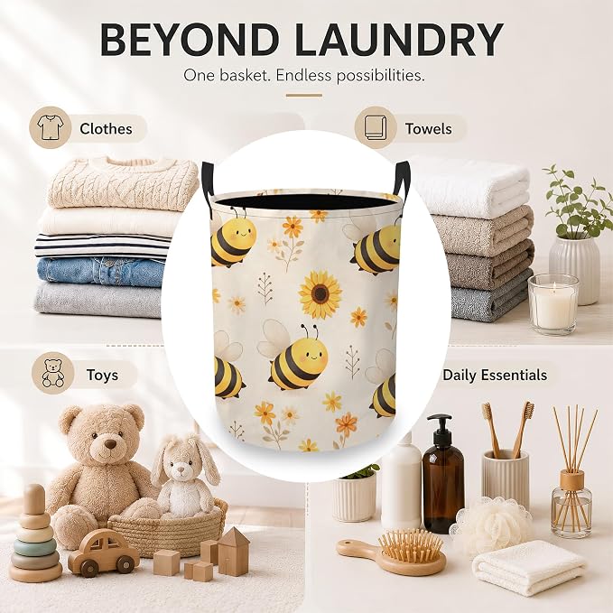 Bumble Bee Laundry Basket Oxford Cloth Sunflower Floral Laundry Hamper With Handle Foldable Portable Clothes Storage Basket Storage Bag For Laundry Room/Bathroom/Bedroom/Dormitory 20.8"x16"