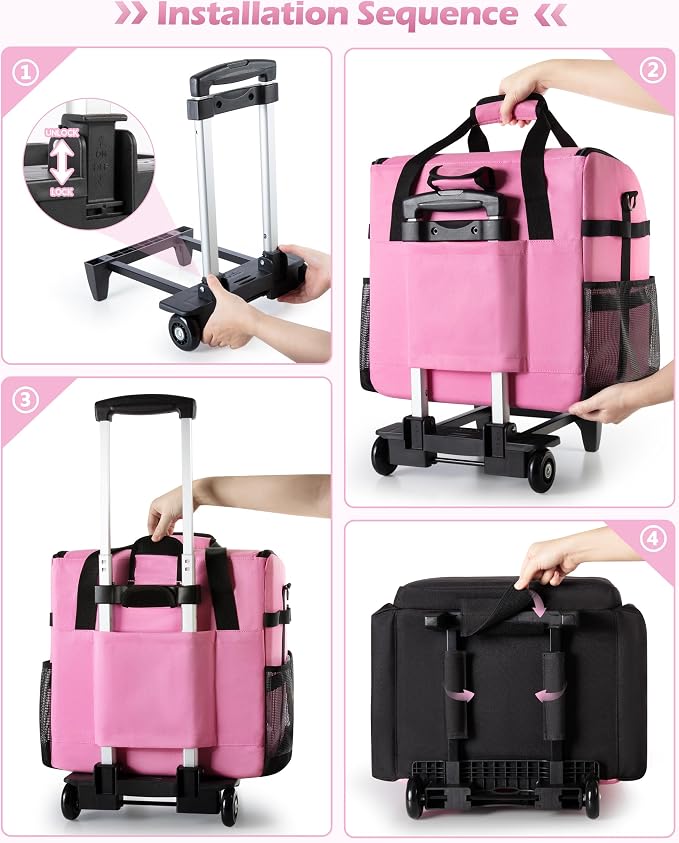 Marscamd Large Rolling Cleaning Caddy Bag with Detachable Trolley, Pink | with Detachable Shoulder Strap, Cleaning Bags for Housekeepers on Wheels