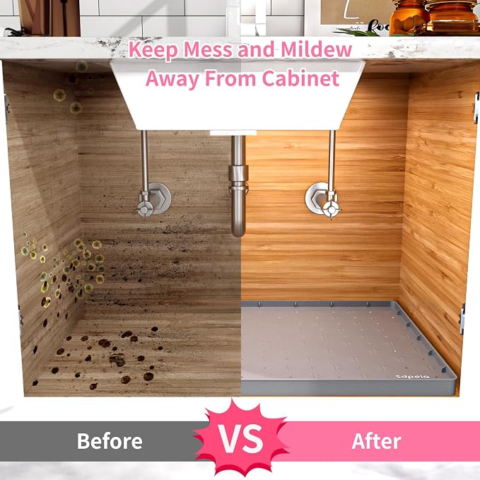 Sdpeia Under Sink Mat 34"×22" Waterproof Silicone Cabinet Liner & Sink Protector for Kitchen & Bathroom, Multi-Purpose Organizers Tray for Pets, Laundry, Cat Litter Mat, Gray