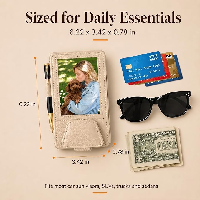 HOLDCY Car Visor Organizer with Registration Holder and Sunglasses Clip | Beige PU Faux Leather With Photo Window, Flip-Open Card Storage, Slim Profile And Tool-Free Setup; 1 Piece