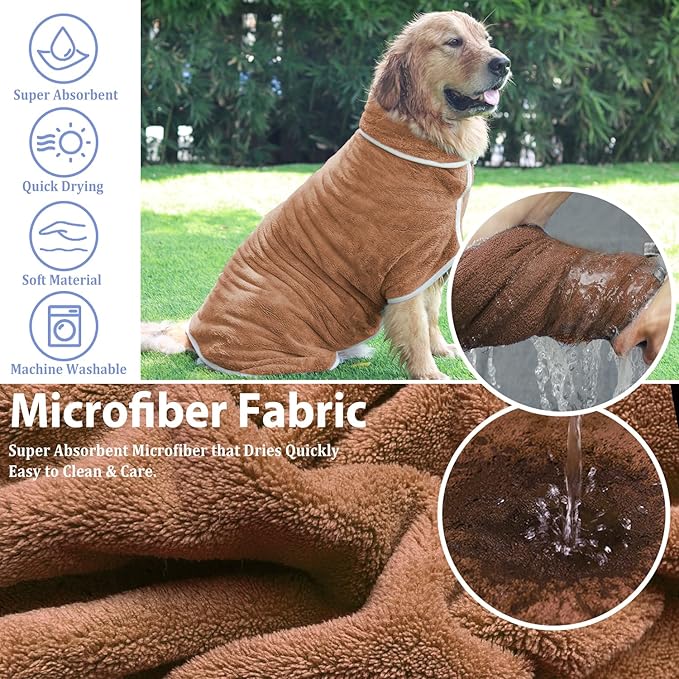Dog Bathrobe Towel Dog Drying Coat - Super Absorbent Towels Bath Robe for Dogs Large, Soft Adjustable Collar & Belly Strap Fast Drying Coat Pet Cat Bath Robe (Brown, XX-Large)