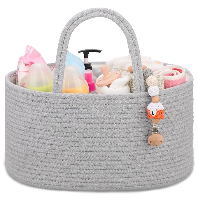COMSE Baby Diaper Caddy Organizer with Handles, Cotton Rope, Cool Gray