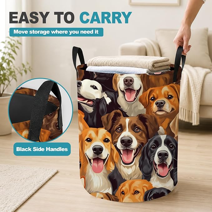 Cute Puppy Dog Faces Dirty Clothes Hamper,Foldable Laundry Basket with Handles,Pet Lover Waterproof Oxford Cloth Storage Bin for Bedroom Bathroom Nursery,16 x 20 Inch