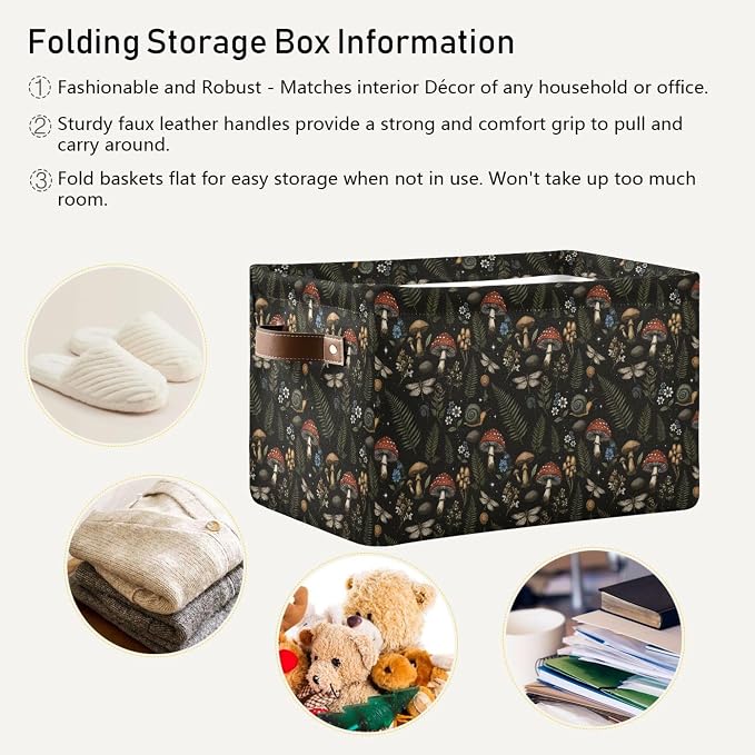 Mushroom Botanical Storage Basket Fabric Kitchen Baskets Dragonfly Berry Flowers Fern Open Home Storage Bins Boxes Foldable Organizer Bag for Baby Cloth Pet Toy Book Shelf Closet Baskets 16×12×8 IN