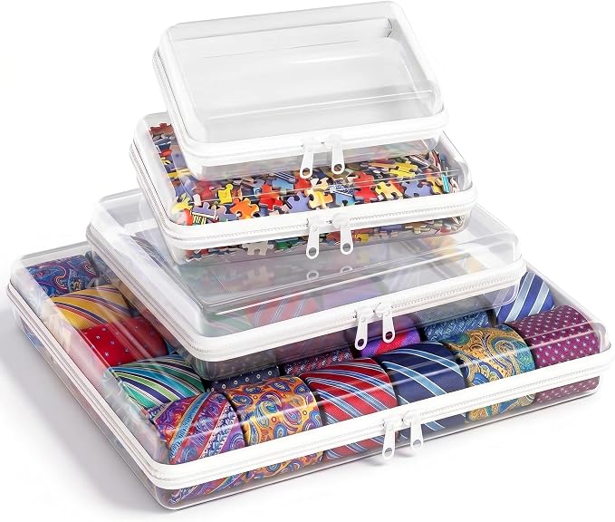 4Pcs Clear Hard Shell Zipper Case, Water Resistant Travel Organizers | Clear PET hard shell with double zippers; waterproof, stackable and wipe-clean for makeup, toiletries, baby items and travel.