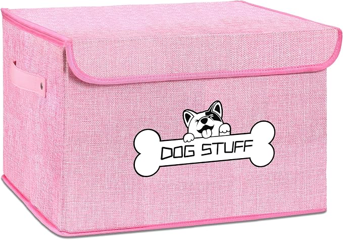 Dog Toy Basket with Lid, Collapsible Box for Pet Accessories | Storage Bin for Living Room, Fabric Container with Handle, Organizer for Small Medium dogs, Pink