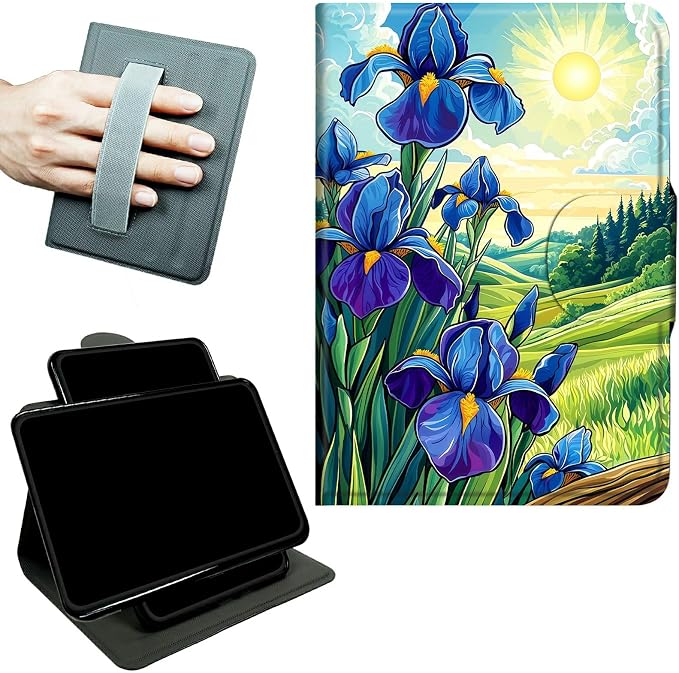 Rotating Handle Case for Samsung Galaxy Tab A8 10.5" 2022 (SM-X200/X205/X207), 360 Degree Swivel Kickstand with Magnetic Closure Shockproof Leather Cover for Women Men, Blue Flower Lawn
