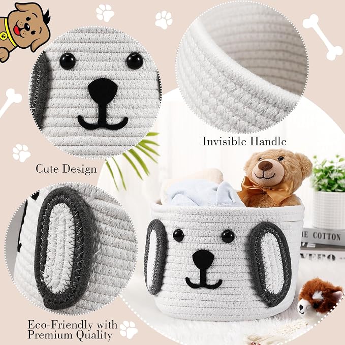 Zopeal Dog Woven Basket, 7.9" D x 6" H Cotton Rope Toy Storage Organizer, Dog Mom Gift Empty, Cute Laundry Puppy Gift Animal Basket for Clothes, Towels, Toy, Laundry, Bathroom, Home(White, Gray)