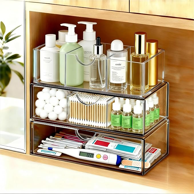 Medicine Cabinet Organizer with Removable Dividers, 3-Tier Stackable Drawer Storage for Bathroom, RV, Vanity, Countertop & Desk