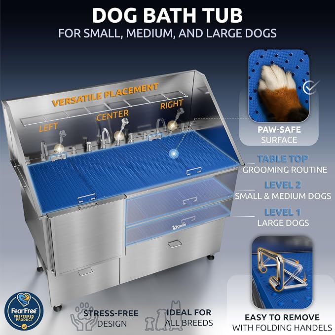 Professional Dog Washing Station 304 Stainless Steel Pet Wash Sink | Grooming Bathtub w/Shower, Floor Grates and Storage for Large, Medium & Small Pets