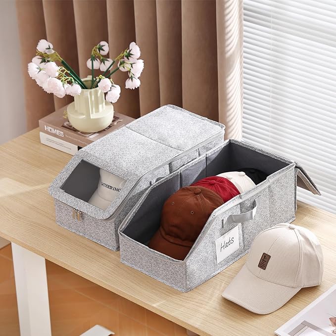 Furlide Hat Organizer for Baseball Caps, 2 Pack Stackable Storage Boxes | Protects 24-30 Caps From Dust and Pet Hair; Stackable Base, Clear Window, Front Opening and Handles Simplify Closet Storage.