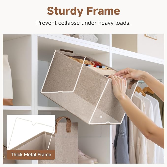 StorageWorks Large Fabric Storage Bins, Brown and Beige, 2-Pack | With Reinforced PU Handles, Metal Frame, Collapsible, Storage Basket for Shelves, Closet, Holds Clothes, Towels, Blankets