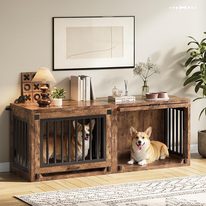 30" Small Dog Crate Furniture, Wooden Dog Kennel for Dogs up to 30 lbs, Heavy Duty Indoor Dog Cage with Hidden Sliding Door, Secure Safety Lock and Quiet Pads, Rustic Brown