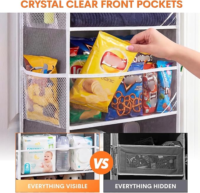 2 Pack Over Door Organizer with 6 Large Pockets | 6 Transparent Pockets & 12 Mesh Side, 80 lbs Weight Capacity Hanging Storage for Toys, Shoes, Diapers, Pantry