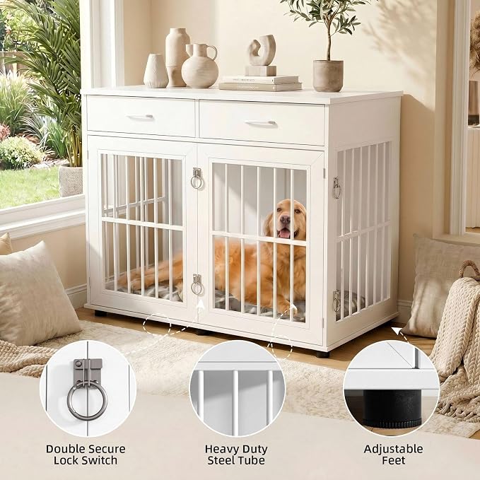 VOWNER 43.3" Large Dog Crate Furniture with 2 Drawers, White | Wooden Dog Kennel Furniture End Table with 3 Doors, XL Dog Kennel Indoor with Storage, Dog Cage TV Stand for Large Medium Dog