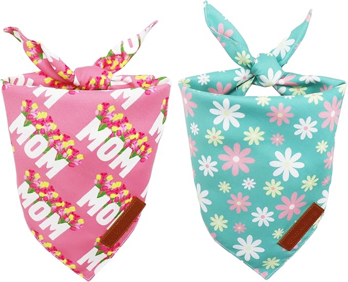 Realeaf Mothers Day Dog Bandanas 2 Pack, Reversible I Love My Mom Pet Scarf for Boy and Girl, Premium Durable Fabric, Valentines Day Bandana for Medium Large Dogs (Large)