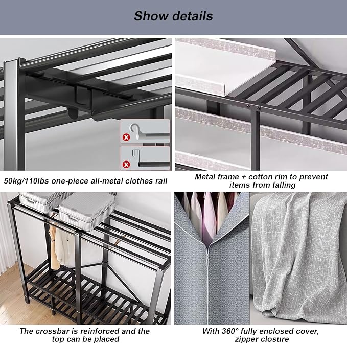 FPIGSHS Portable Wardrobe Closet Rack,1100lbs,Heavy-Duty Foldable Garment Rack With Cover，Freestanding Clothes Organizer System,enclosed Curtain Armoires For Hanging Clothes For Bedroom