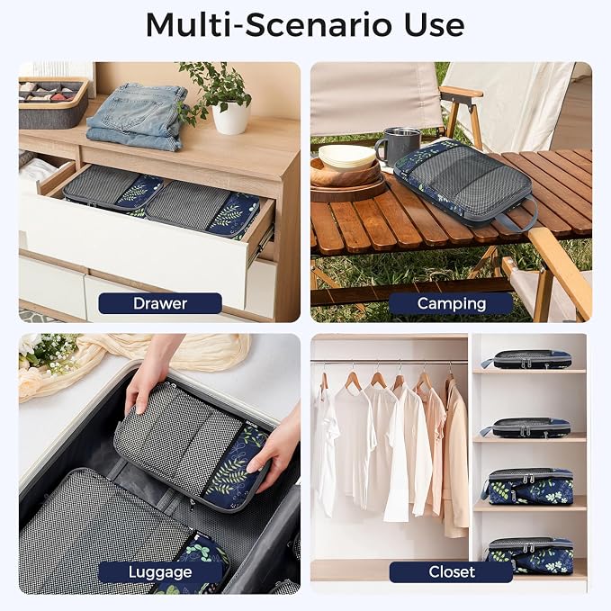 BAGAIL 4 Set/6 Set/8 Set Compression Packing Cubes Travel Accessories Expandable Packing Organizers (Half Mesh, 6-Navy Leaf)